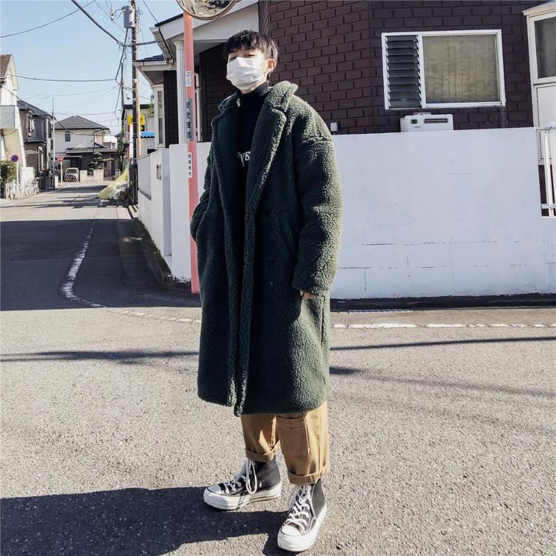 

Lamb Woolen Coat 2021 New Fashion Man Winter Youth Medium Long Warm Cotton Jacket, Khaki