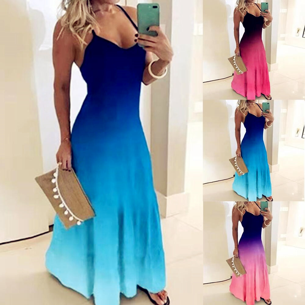 

Women Casual Loose Strap Dress Colors Summer Sexy Boho Bow Camis Befree Maxi Dress Plus Sizes Big Large Dresses Robe Femme, Blue