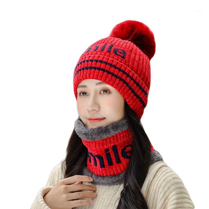 

New Winter Women Warm Chenille Knitted Hat Scarf Two Pieces Set Fashion Girl Letter Pompom Ball Beanie Caps Female Casual Ski Ha1, Red