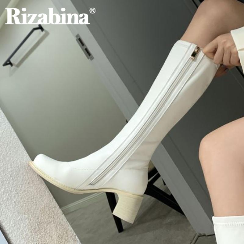 

Rizabina Size 33-40 Real Leather Women Knee High Boots Round Toe Zipper Shoes Thick High Heel Winter Warm Women Party Footwear, Black
