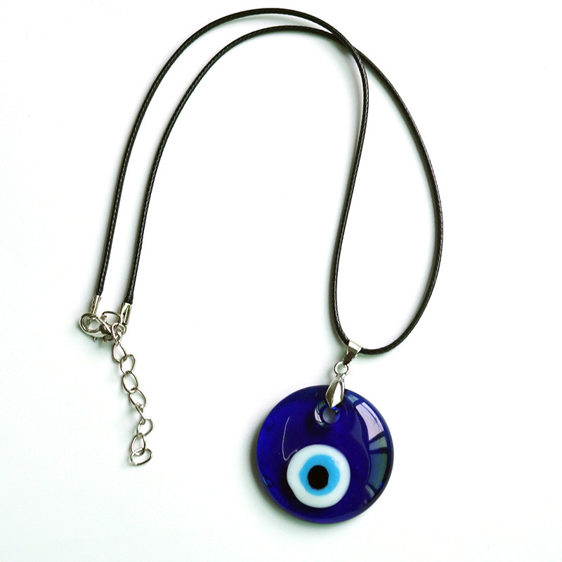 

Flat Round Glass Evil Eye Waxed Cord Jewelry Necklace Greek Turkish Blue Eye Amulet for Girl