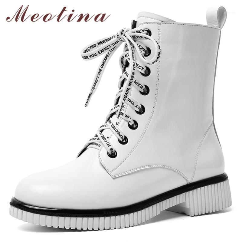 

Meotina Women Autumn Ankle Boots Natural Genuine Leather Thick Heels Short Boots Lace Up Round Toe Shoes Lady Winter Size 34-391, Black synthetic lini