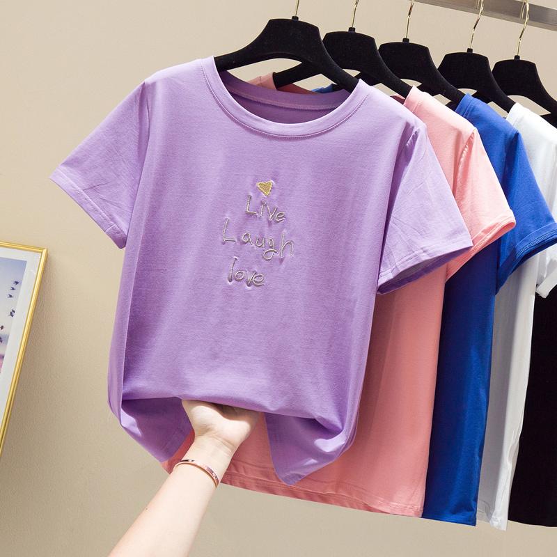 

gkfnmt Embroidery Letter White Tshirt Women Clothing Summer Tops Women T shirt Elastic Slim Short Sleeve Casual Tee shirt Femme, Black
