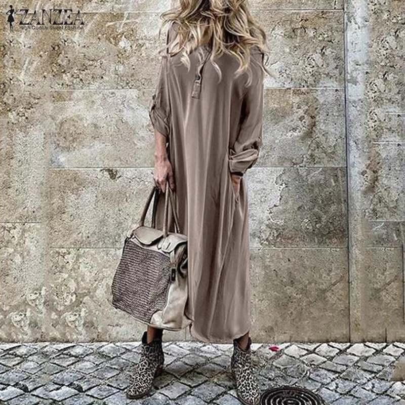 

Plus Size ZANZEA Autumn Shirts Dress Women Casual Solid Hoodies Long Sleeve Work Long Sundress Vestidos Femme Tunic Robe Kaftan, Army green