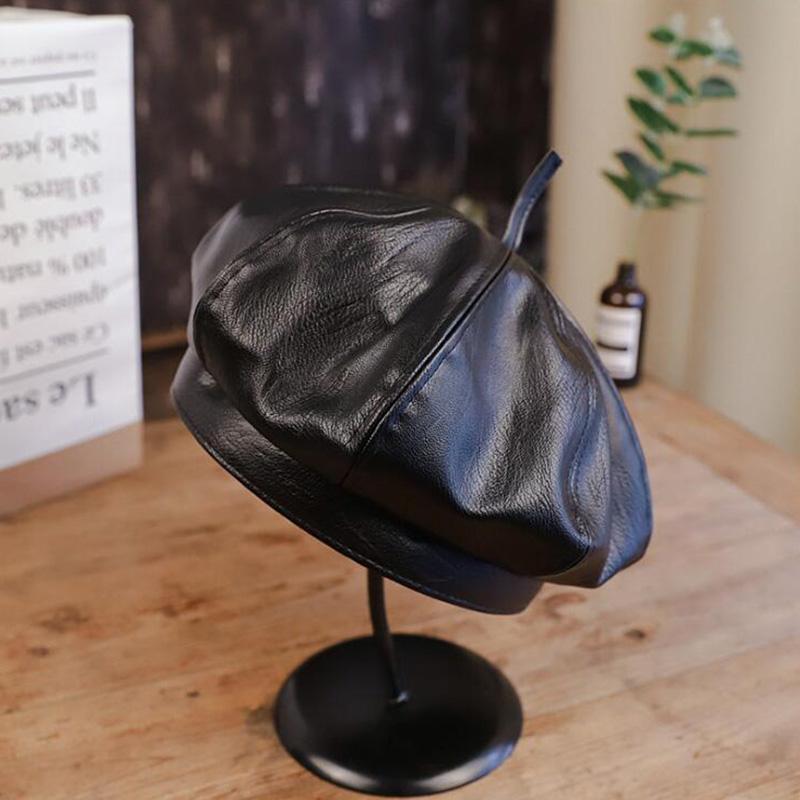 

Hat Female Spring And Autumn Korean Version Of The Retro British Wild Painter Hat Casual Leather Pumpkin Net Red Beret Tid, Black