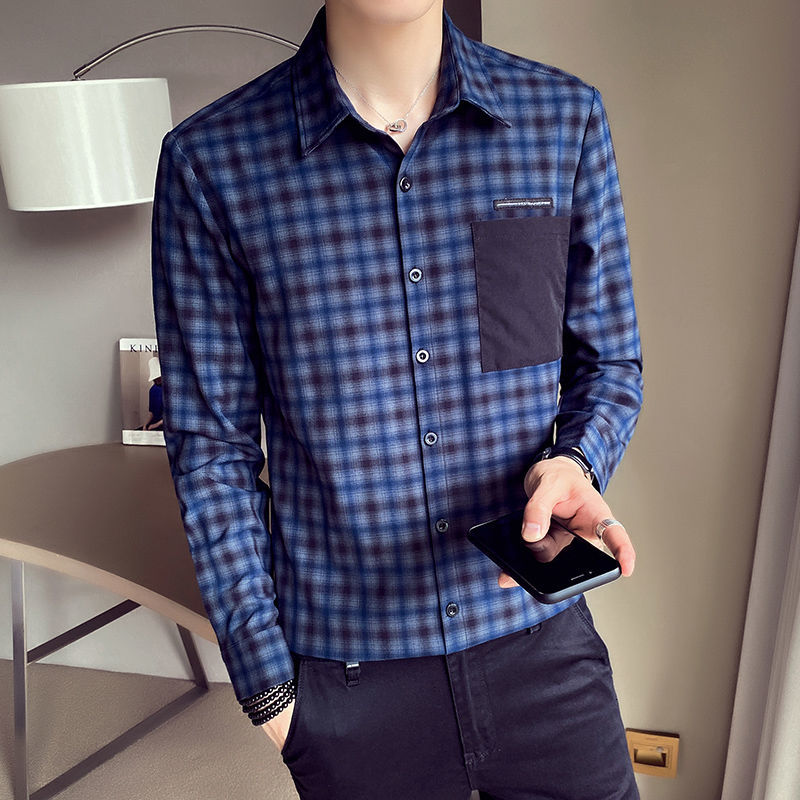 

Shirts 2021 Men's Spring and Winter New Thin-fit Match-3xl Printed Chess Clothes OSMD, Dark blue grid.
