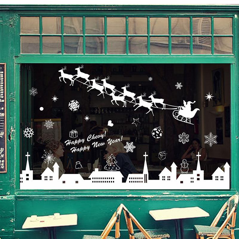 

NEW Christmas Glass Window Stickers White City Snowman Santa Claus reindeer Wall Stickers for Shop Showcase DIY Decor