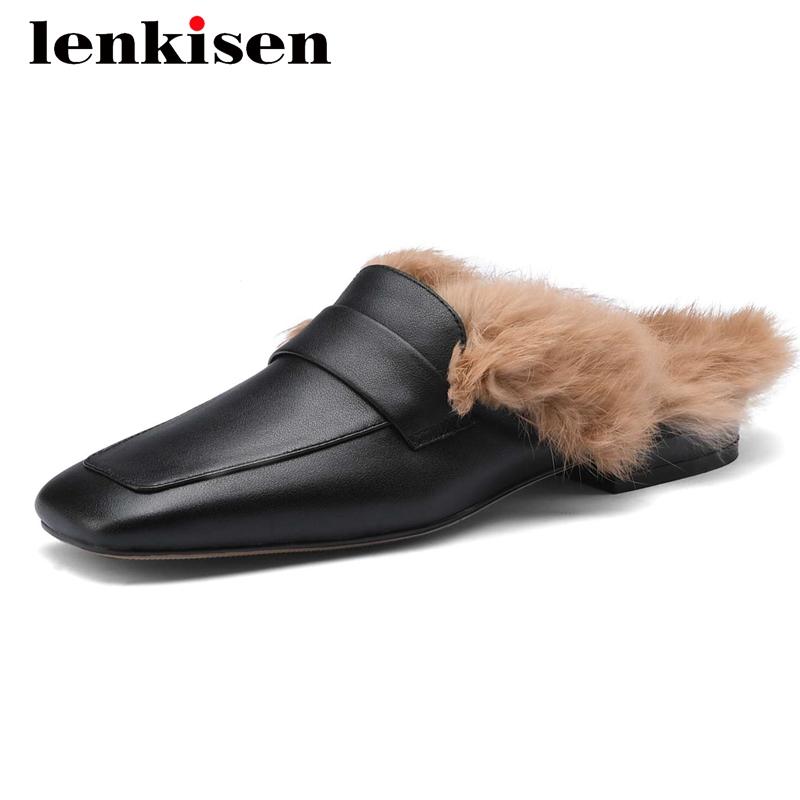 

Lenkisen simple style genuine leather outside slipper square toe low heel slip on european design dating mature shoes women L63, Black