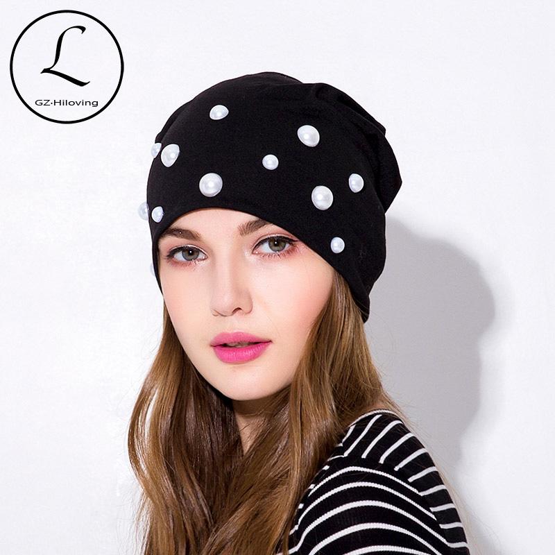 

Fashion Soft Women Pearls Beads Cotton Beanies Hat Caps 2020 New Spring Thin Slouch Polyester Stretch Baggy Hats Bonnet Femme, Black
