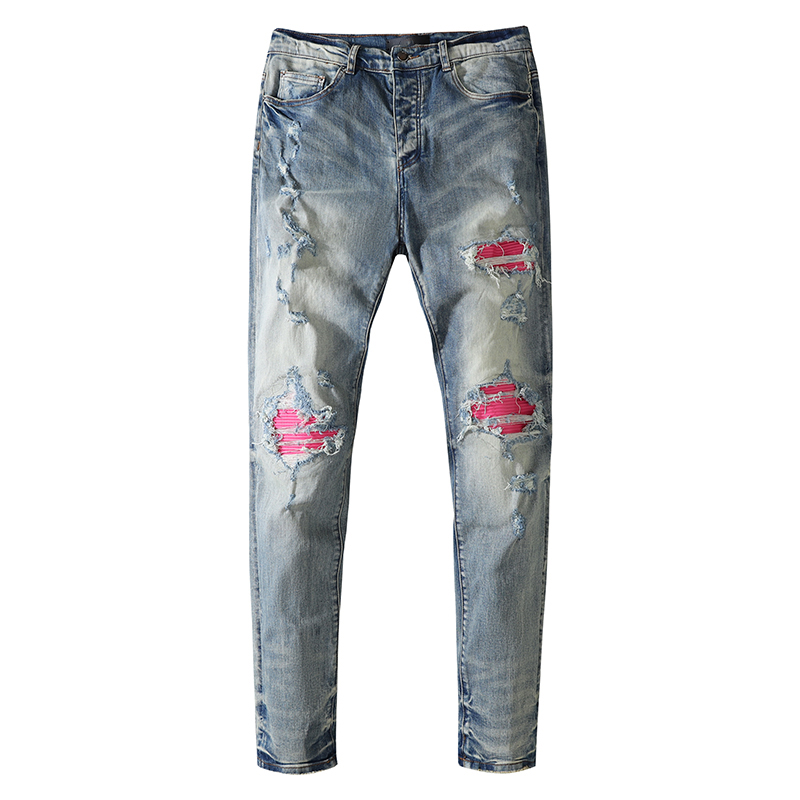 

Men Fashion Skinny Straight Slim Elastic Pink Patch Ripped Jean Autumn Casual Biker Male Stretch Denim Trouser Classic Pants, Light blue