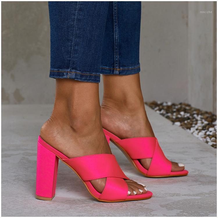 

Summer New Women Fluorescent Green Red Slippers Mules Square heels Sexy Open-Toed Shoes Party High Heels 2020 shoes1