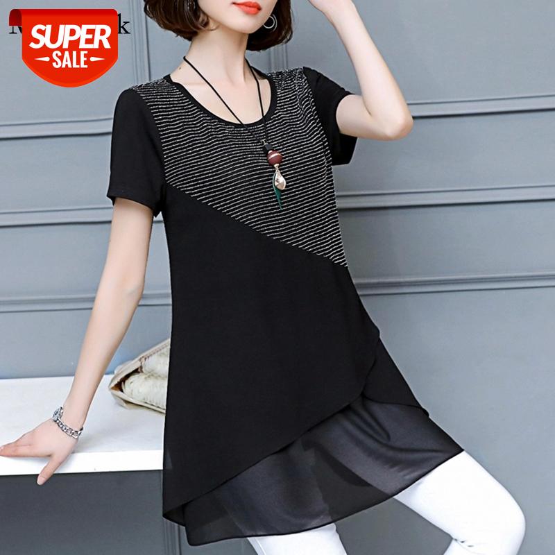 

2021 Summer Casual Plus Size Women Blouses O-neck Pullover Chiffon Blouse Women Spliced Short Sleeve Shirts For Blusa 3530 #sl1Y, White