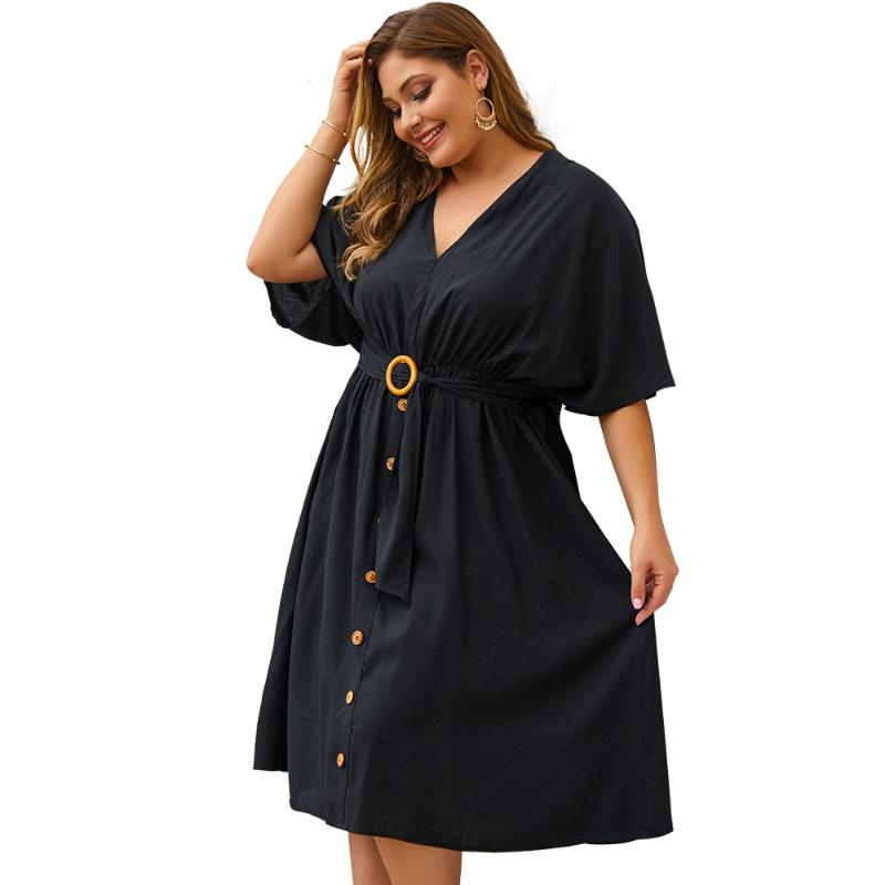 

Women Casual Dress Plus Size 2020 Female V Neck Batwing Sleeve Buttons Solid Midi Dress Loose Oversized Ladies Tunic Dresses, Black