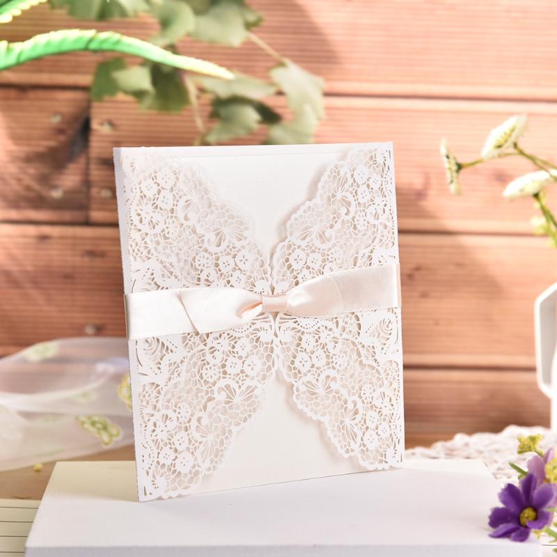 

10pc/lot White Hollow Laser Cut Wedding Invitations Elegant Engagement Wedding Invitation Card With Ribbon Free Envelope Seals