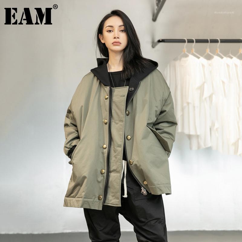 

EAM] Fake Two Spliced Hooded Cotton-padded Coat Long Sleeve Loose Fit Women Parkas Fashion Tide New Autumn Winter 2020 1DD16301, Green