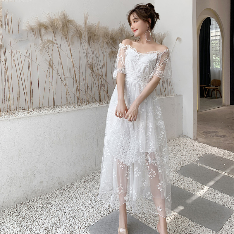

2021 Summer Rentals Long Vintage Embroidered Off the Shoulder Ankle-length Party at Night Elegant White Female Dress Xyp9, Blue