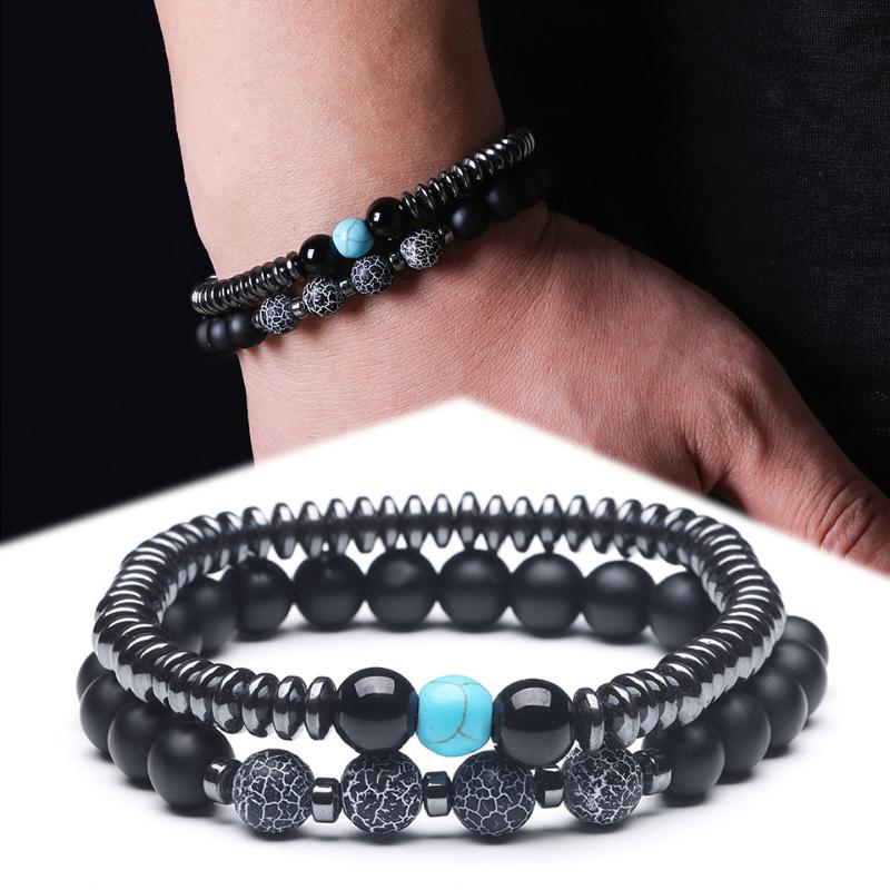 

2pcs Natural Stone Black bead Elastic Couple's Bracelet Fashion Charm Crystal Obsidian Hematite Bracelet for Men & Women Pareja