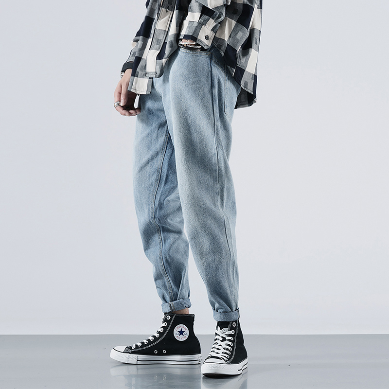 

2021 New Japanese Vintage Fashion Blue Color Retro Washed Loose Fit Harem Pants Wide Leg Trousers Streetwear Hip Hop Jeans Men Jq5v, Black