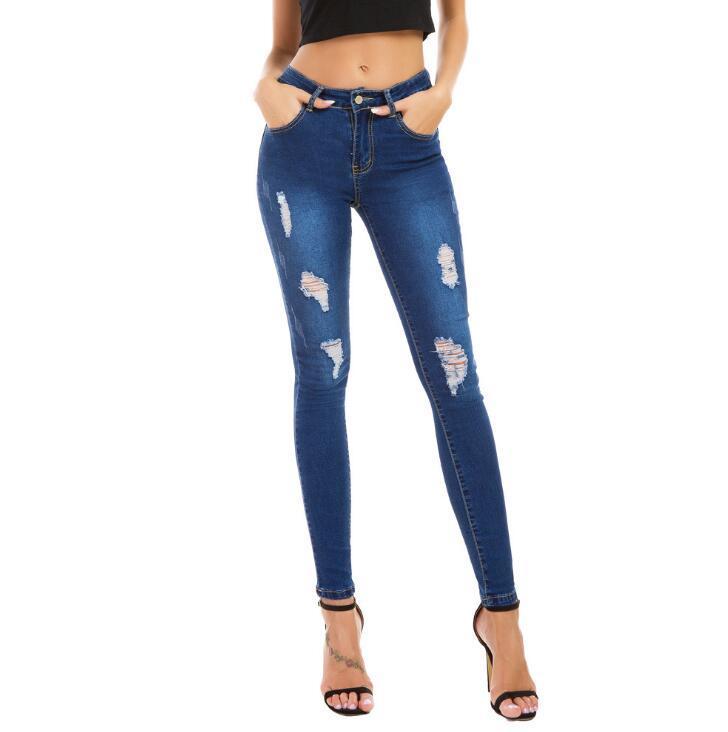 

for the Women' Elastic Blue Stretch Thin Torn Hole Denim Brim Pants Pencil Washed Ladies'trousers Plus Size Summer O8lj
