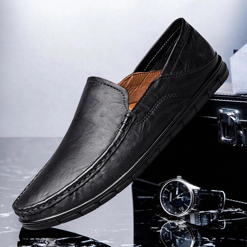 

genuine Leather Shoes Men Slip On Shoes outdoor Casual Boat Walking Footwear Chaussures Hommes Man Moccasins Men Loafers Flats #tX1P, Black