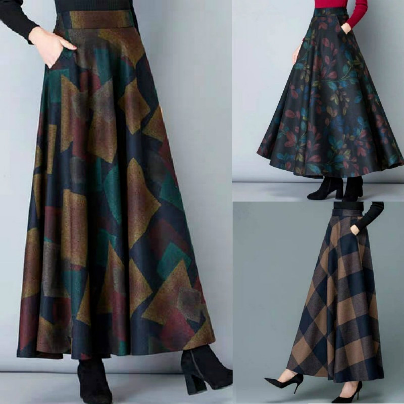 

Autumn and Winter Woolen Skirt High Waist Thin Versatile Pockets Long Skirt Elastic Waist A-line Big Skirt 220309