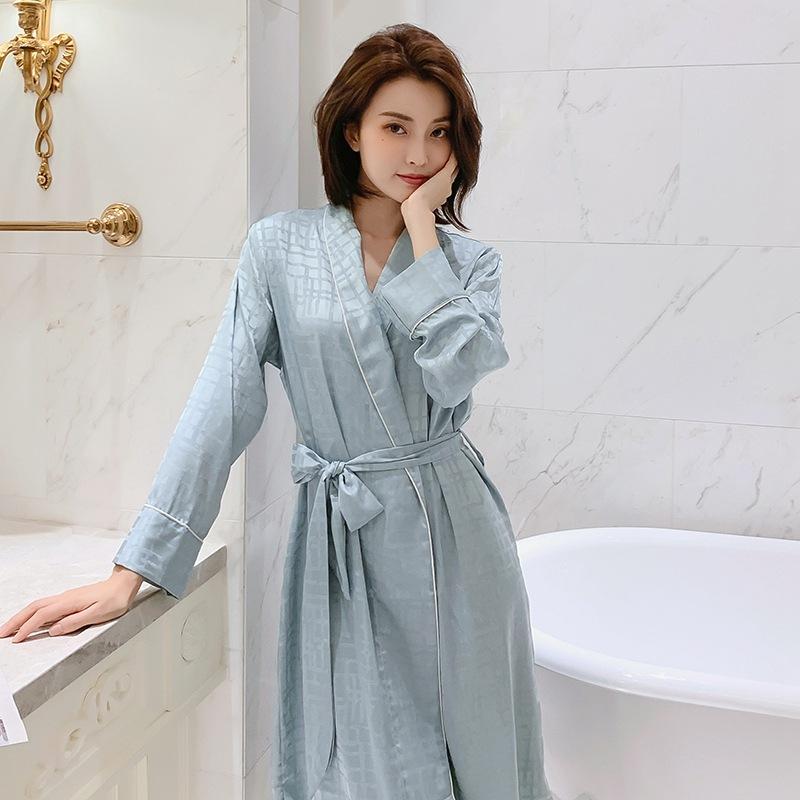 

Blue Women Sleepwear Bathrobe Gown Kimono Robe Long Sleeve Satin Homewear With Pocket Sexy Spring and Summer New Nightwear, White