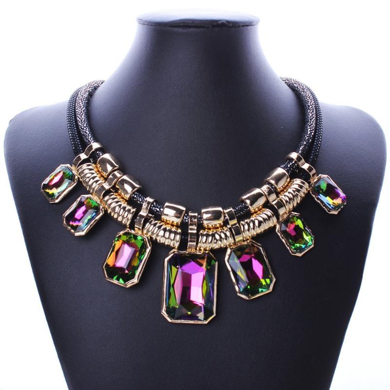 

Hot Square Necklaces Glass Crystal Pendants Double layer Leather Chains Necklace For Women Fashion Jewelry