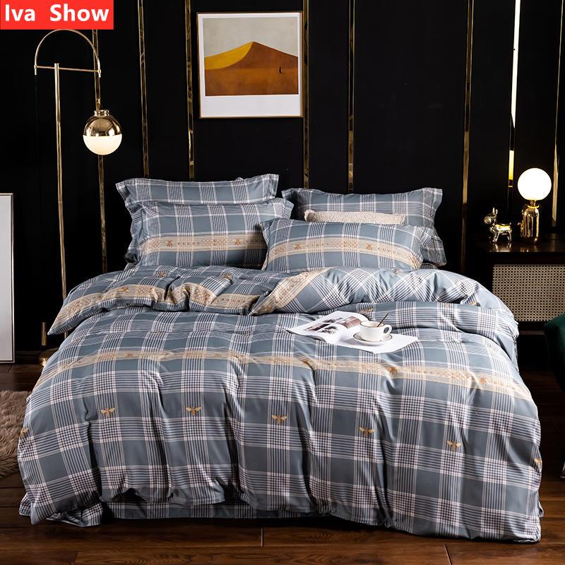 

Iva Show Gray Plaid English Style Bedding Set Tencel Fabric Bed Set Simple Wide Edge Pillowcase Queen / King Size Bed Four-piece, Colour 1