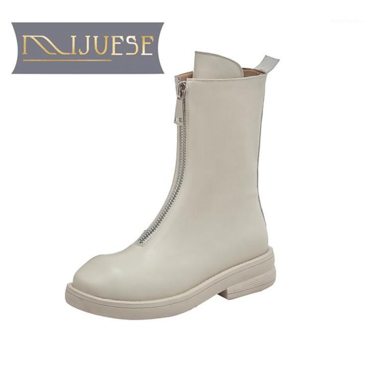 

MLJUESE 2021 women Ankle boots Cow leather winter short plush Round Toe Zipper Med heels female Riding boots size 391, Beige