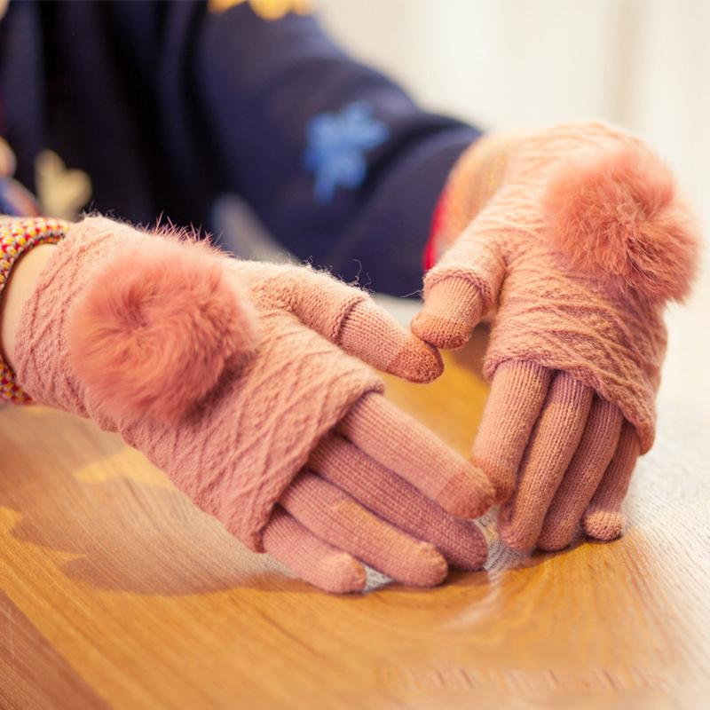 

New Winter Women Faux Hair Ball Touch Screen Gloves Full Finger+Half Finger 2 Piece Outdoor Sport Keep Warm Mittens
