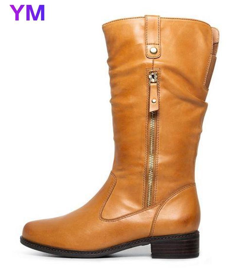 

Hot Sale Women Casual Low Heel Mid-calf Boots Women Round Toe Square Heel Solid Color Boots Autumn Winter PU Warm Shoes Zipper, Black