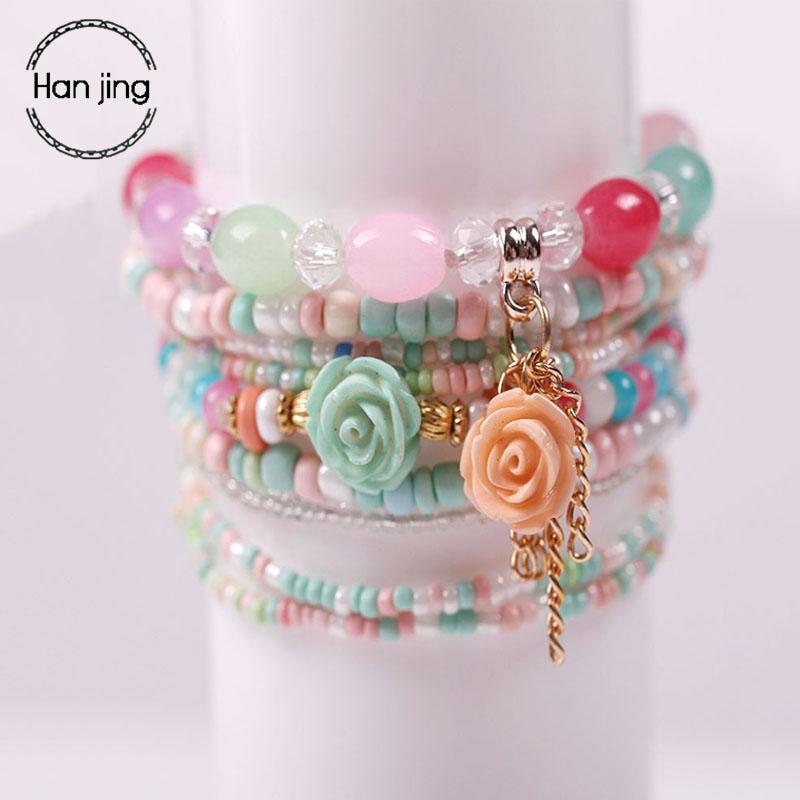 

Multilayer Candy Color Crystal Beads Bracelets Set For Women Wedding Jewelry Boho DIY Tassel Flower Charm Bracelet Girls Gift