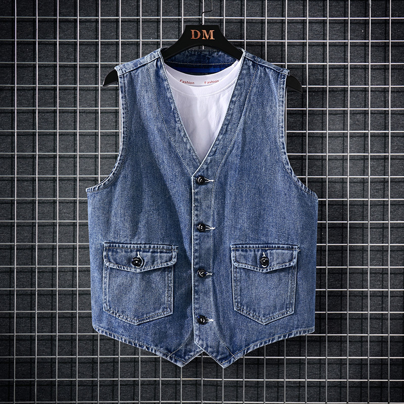 

2021 New England Style Fashion Vintage Retro Blue Buckle Designer Casual Denim Vest Men Sleeveless Slim Fit Suit Waistcoat Homme Yf2m