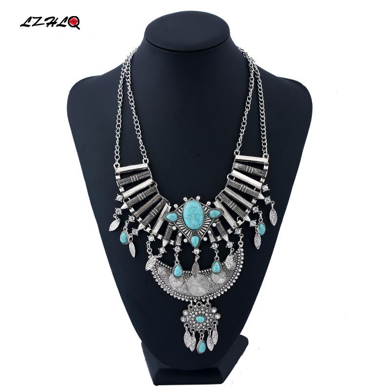 

Chains LZHLQ Vintage Multilayer Leaf Tassel Blue Stone Necklace Maxi Geometric Carving Metal Plated Rhinestone Fashion Jewelry