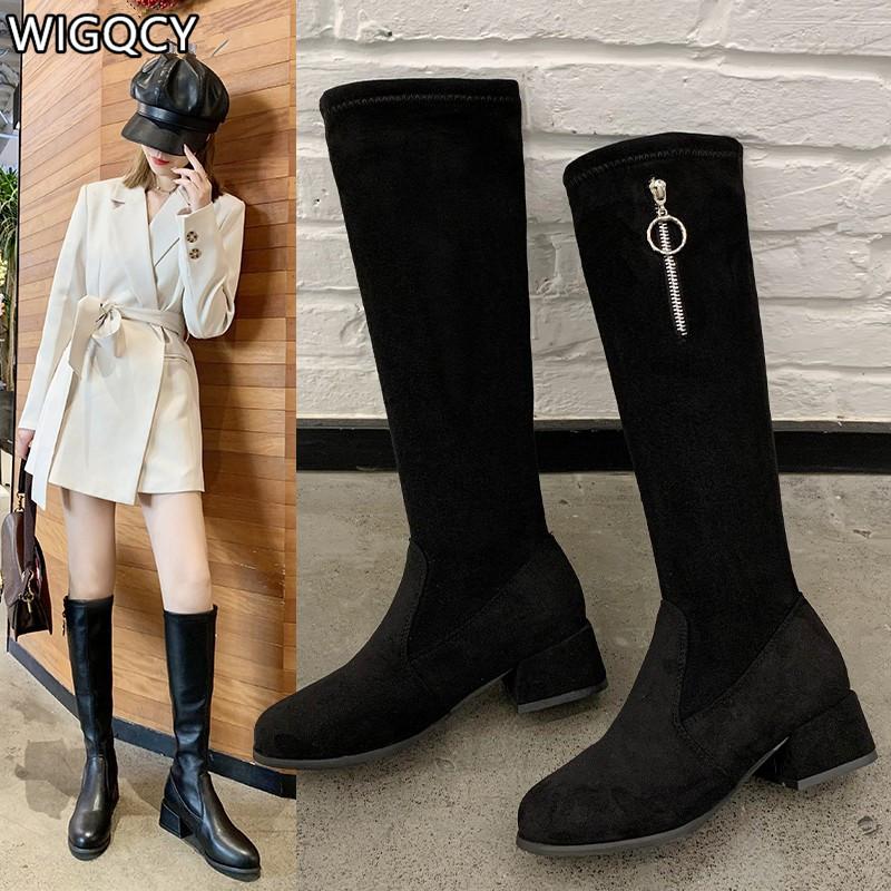 

2020 Winter Women's Boots Fashion Set Foot Boots Round Toe Mid-heel Zipper Square-Heel Women Knee-length Botas Mujer, Suede single lining