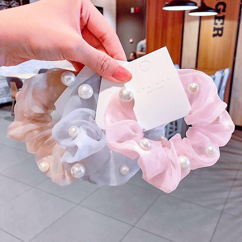 

2021 New Women Sweet Rubber Bands Girls Cute Colorful Pearls Chif-Fon Scrunchie Fashion Hair Accessories For Children Gift
