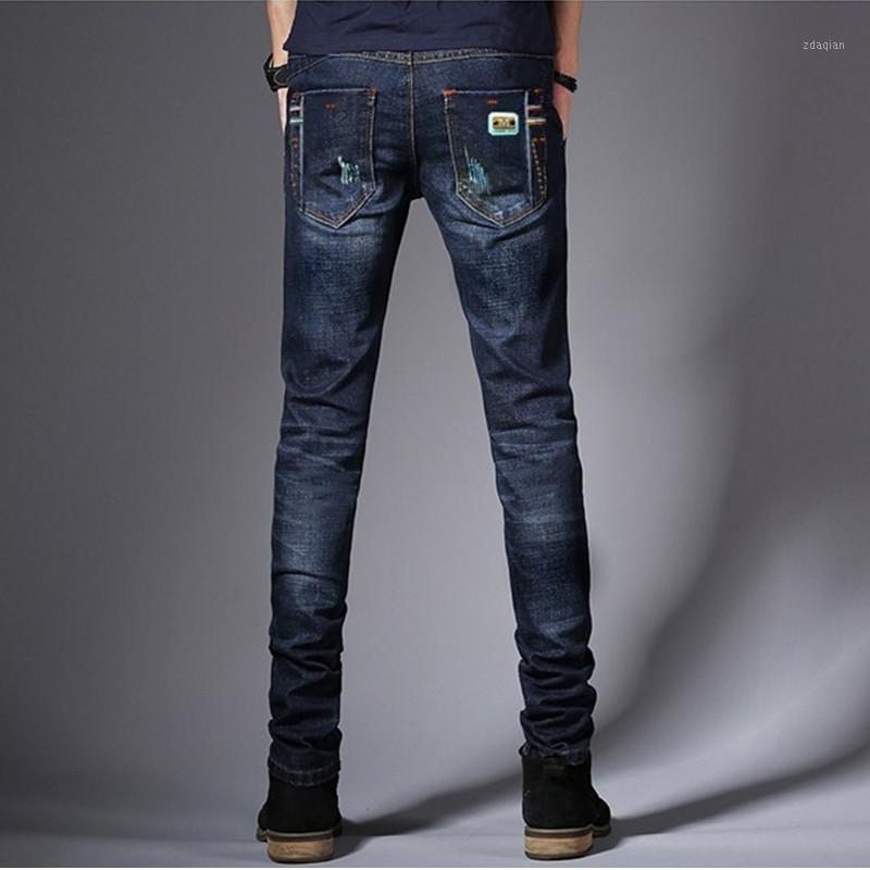 

EL BARCO] Cotton Denim Jeans Men Slim Soft Breathable Solid Blue Male Casual Long Pants Straight Pockets Trousers Size -341, Blue see photo