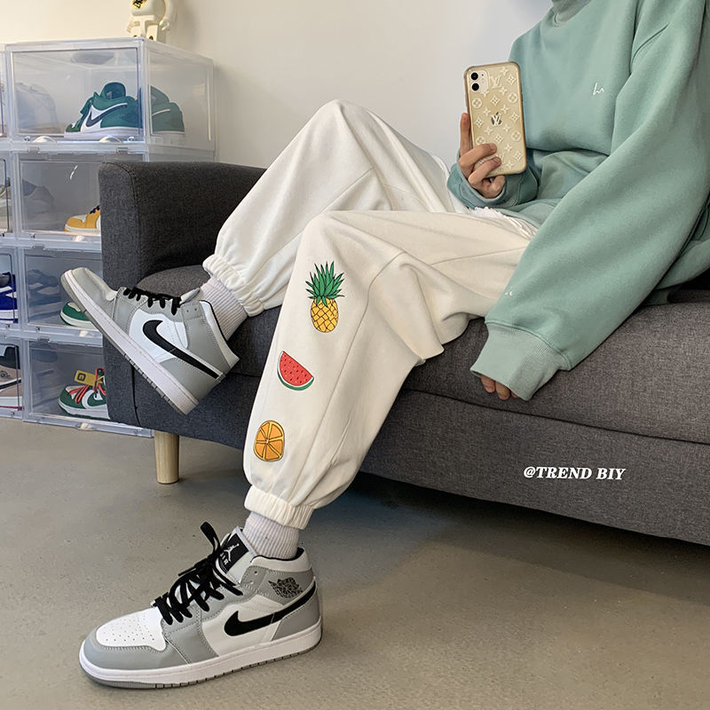 

Trousers 2021 Men's Spring and Winter New Plus Big-boned Fruit Printed on Young Pants 71IP, White