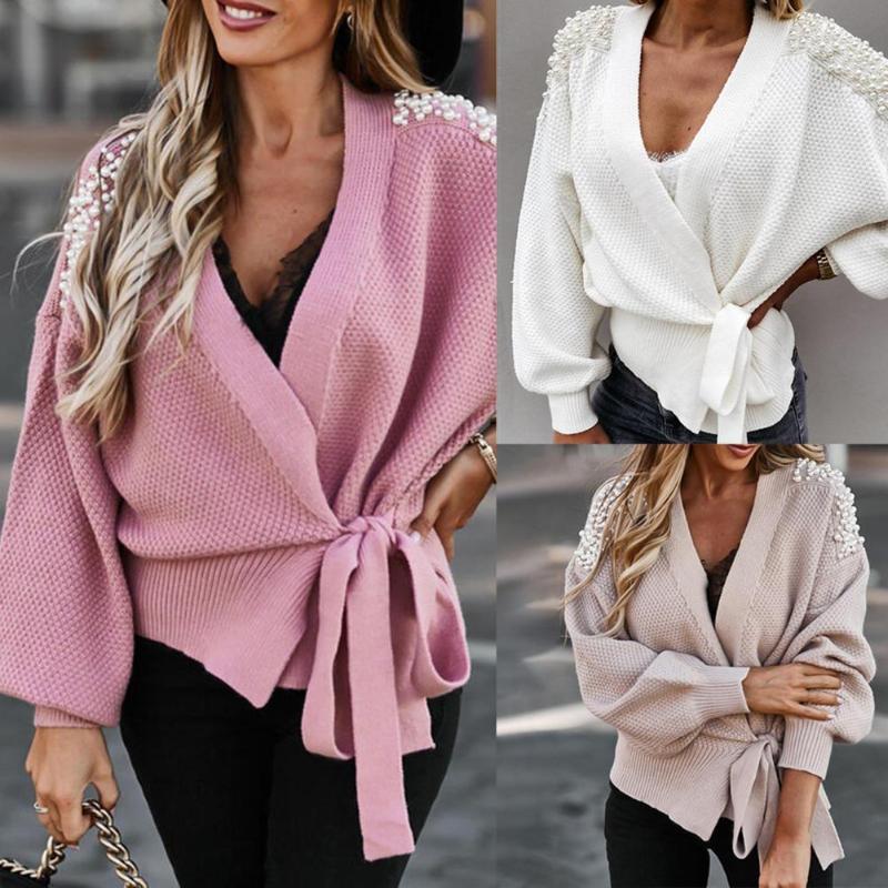 

Women's Knits & Tees Fashion Women Ladies Long Sleeve V-neck Bowknot Pearl Pure Colors Waist Knitted Lace-Up Cardigan Sweater Casual Pullove, White