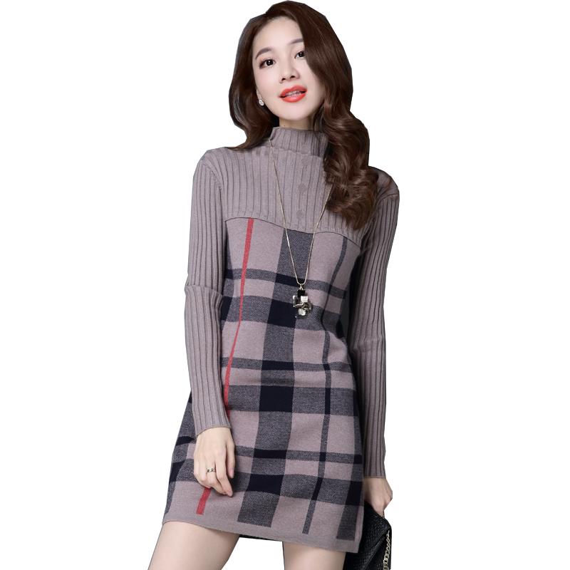 

Turtleneck Pullover Sweater Dress Women 3 Colors Fashion New Arrive Spring Plaid Long Sleeve Causal Long Knitwear Women Sweaters, Khaki