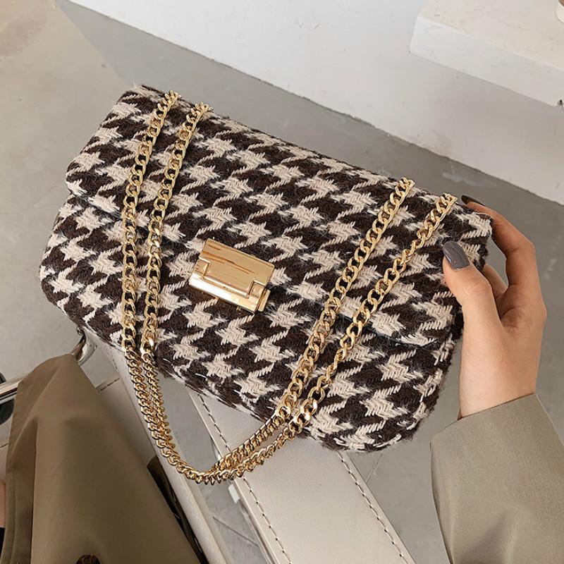 

Cross Body Fashion Wool Plaid Wide Chain Celebrity Inspired Bag Rhombus Square Sling Houndstooth Woolen Shoulder Female Crossbody, A(25x17x8cm)