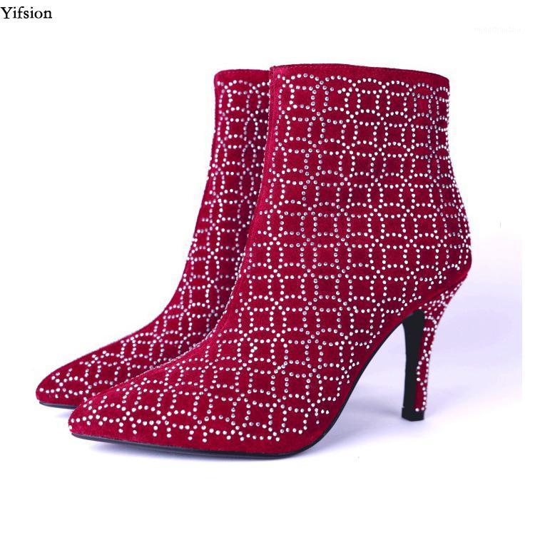 

Olomm Women Winter Crystal Ankle Boots Sexy Thin High Heel Boots Pointed Toe Ladies Black Red Party Shoes Women US Size 3-10.51, D0623 red