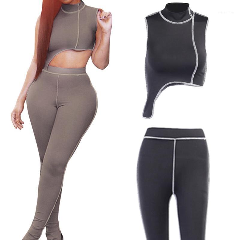 

Elastic High Fitness Tracksuit 2 Piece Set Women Asymmetry Outfit Turtleneck Fashion Crop Top+Pants1, Gray