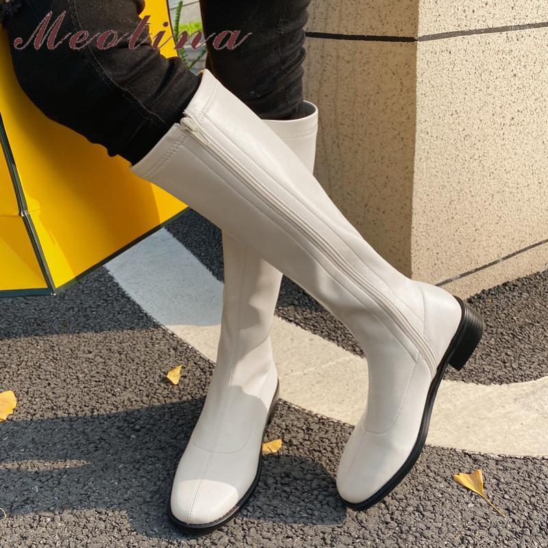 

Meotina Women Long Boots Shoes Round Toe Mid Heel Slim Boots Thick Heels Zipper Knee High Autumn Winter White Apricot 391, Black synthetic lin