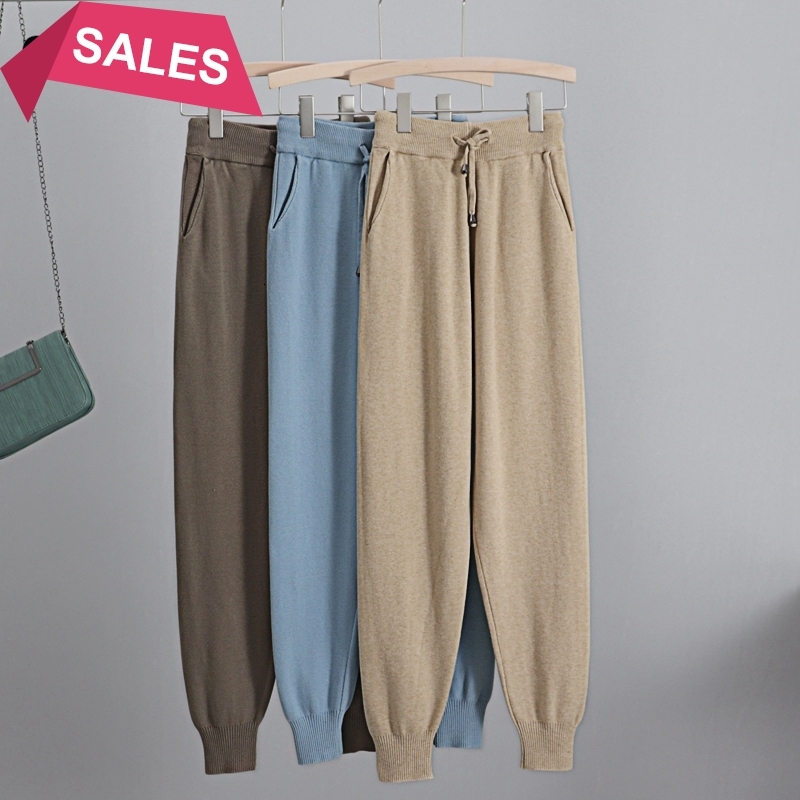 

2021 New Autumn Knitted Womens Crop Harem Solid Peg Leg Fly Pants Casual Drawstring Long Winter Warm Carrot Trousers Hf35, Black 6688