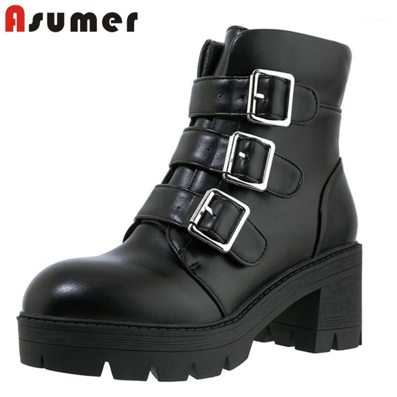 

Asumer 2020 vintage square heel platform boots women shoes round toe buckle pu autumn winter casual shoes woman ankle boots1, Beige with fur