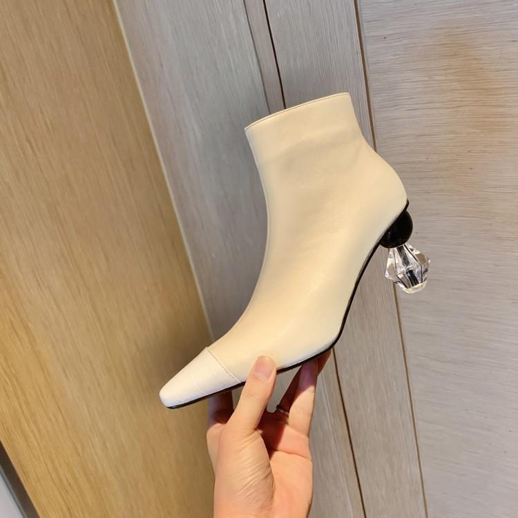 

Square Toe Women Ankle Boots White Leather Short Botines Mujer 2021 New Serpentine Mixed Black Botas Transparent Bead Balls Boot