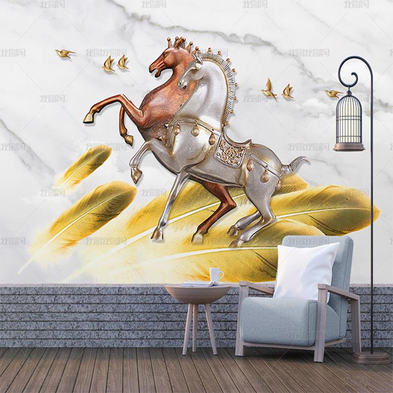 

Modern fashion light luxury 3D three dimensional gold feather to success horse wallpaper wallpaper bedroom sofa background wall, Silk cloth