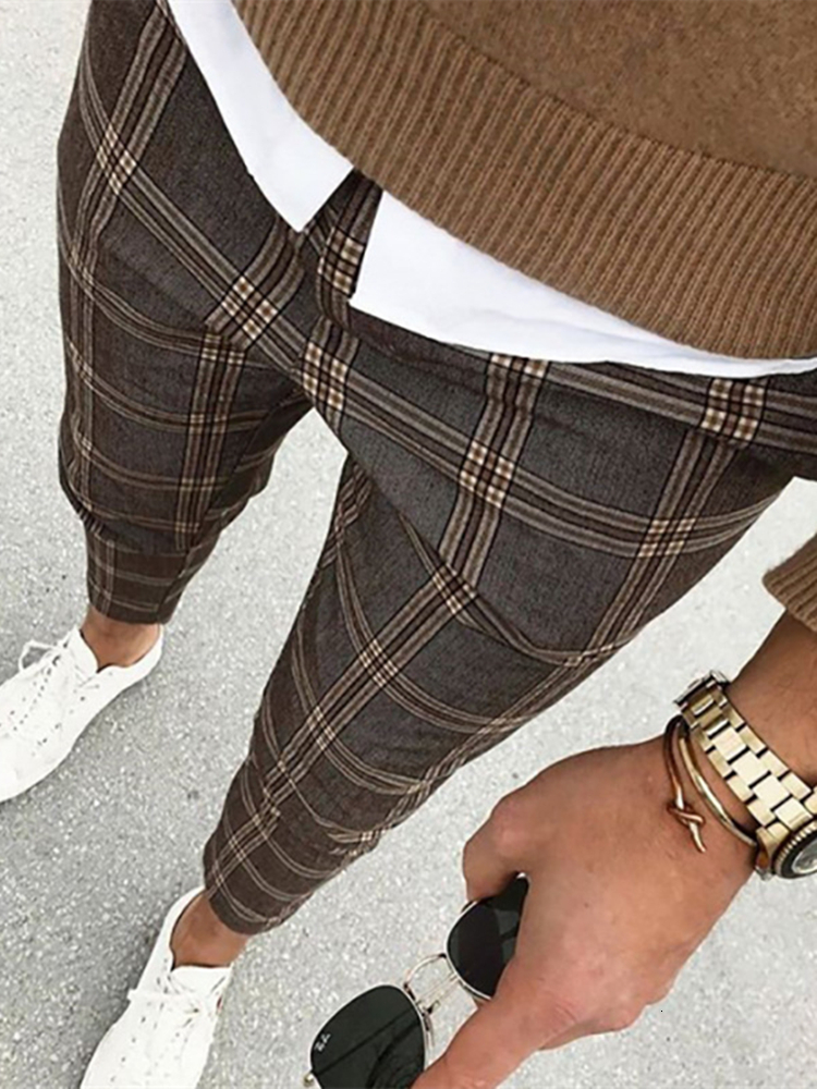 

2021 Autumn Europe America of Male Grid Wear Brown Pants Fashion High Quality Clothing G29U