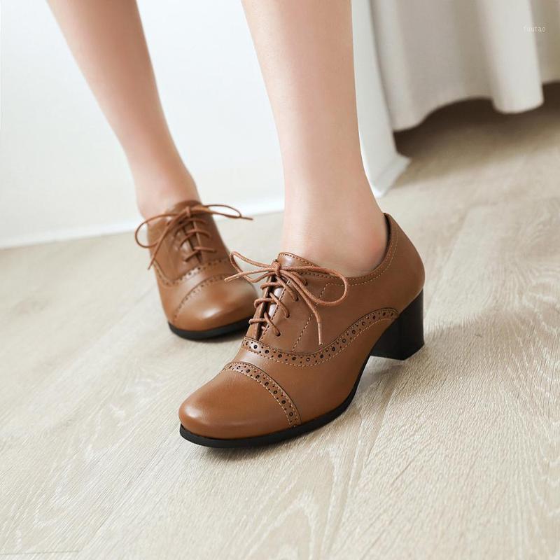 

PQECFS big size 34-43 high quality spring & autumn solid fashion women lace-up med square heels pumps 3 colors1, Black
